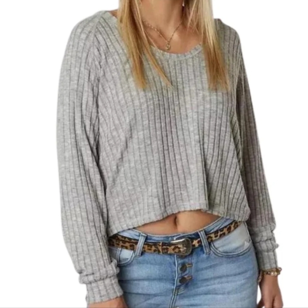 Billabong Cozy Up Gray Ribbed Cropped Hoodie Top Size Large